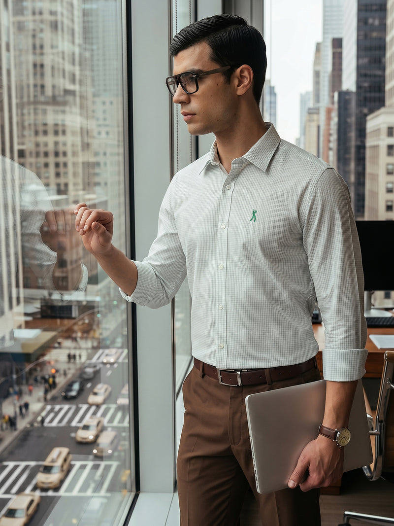 Thomas Scott Men Premium Green Regular Fit Long Sleeves Spread Collar Micro Checks Cotton Formal Shirt