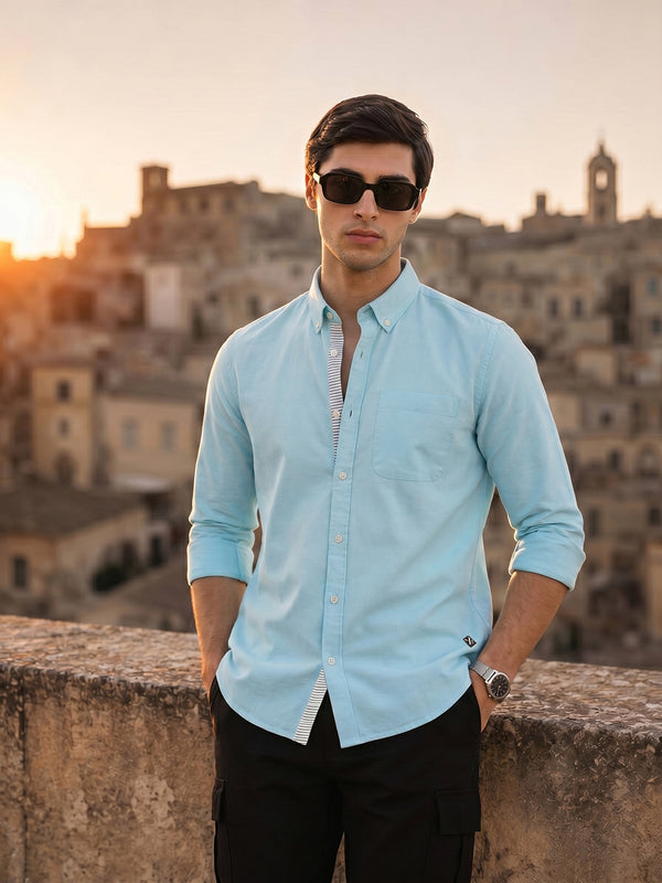Aqua Slim Fit Long Sleeves Button-Down Collar Solid 100% Cotton Oxford Casual Shirt For Men