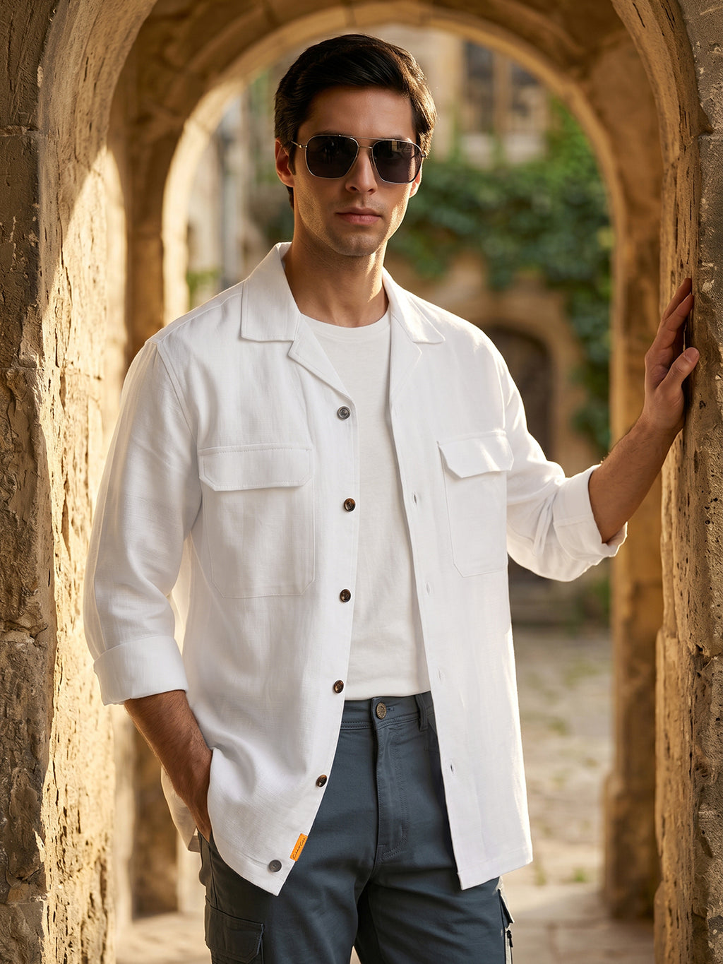 White Cricket Club Collection Oversized Fit Long Sleeves Camp Collar Cotton Linen Twill Shacket with 2 Flap Pockets