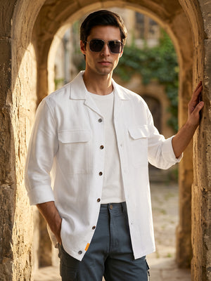 White Cricket Club Collection Oversized Fit Long Sleeves Camp Collar Cotton Linen Twill Shacket with 2 Flap Pockets