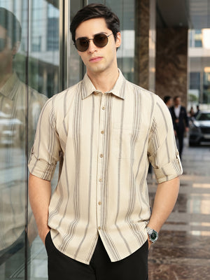 Peach Cricket Club Collection Slim Fit Cotton Linen Classic Striped Casual Wear Shirt For Men for Men