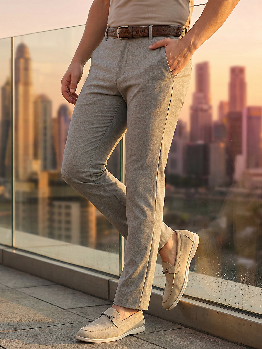 Thomas Scott Men Dark Grey Slim Fit Mid-Rise Solid Woven Formal Trousers with Fixed Belt & 4-Way Stretch