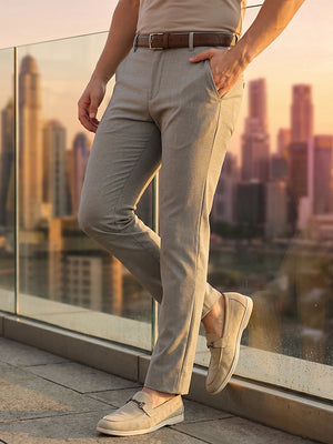 Thomas Scott Men Dark Grey Slim Fit Mid-Rise Solid Woven Formal Trousers with Fixed Belt & 4-Way Stretch