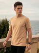 Beige Cricket Club Collection Regular Fit Short Sleeves Round Neck Solid 100% Cotton Knitted Tshirt For Men