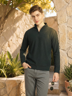 Thomas Scott Men Bottle Green Regular Fit Long Sleeves Mock Neck Half-Zip Solid Polyester Knitted Sweatshirt