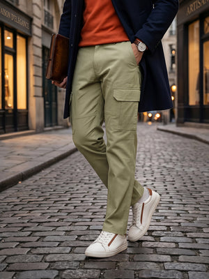 Green Cricket Club Straight Fit Mid-Rise Solid Cotton Woven Cargo Trouser For Men