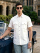Thomas Scott Men White Cricket Club Collection Slim Fit Short Sleeve Spread Collar 2 Flap Pockets Solid Design Cotton Twill Casual Shirt