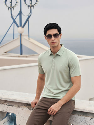 Sage Green Regular Fit Short Sleeves Solid Viscose Rayon Knitted Polo Collar Performance Tshirt For Men