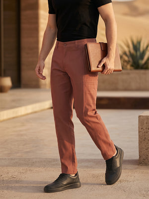 Brown Smart Straight Fit Mid-Rise Solid 6-Pocket Design Woven Cargo Trouser For Men