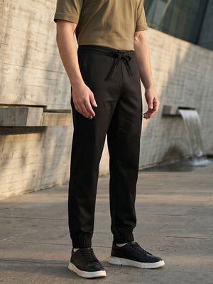 Black Cricket Club Collection Regular Fit Mid-Rise Woven Joggers For Men with Drawstring & 4 Utility Pockets
