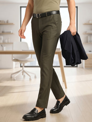 Thomas Scott Men Olive Slim Fit Mid-Rise Solid Woven Formal Trousers with Fixed Belt & 4-Way Stretch