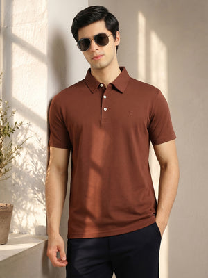 Thomas Scott Men Coffee Brown Regular Fit Short Sleeves Viscose Rayon Solid Knitted Polo Collar Performance Tshirt