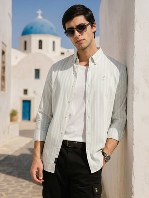 Thomas Scott Men Light Blue Cricket Club Collection Slim Fit Vertical Stripe Cotton Casual Shirt-Button Down Collar, Full Sleeves