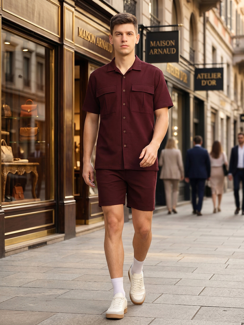 Thomas Scott Men Wine Cricket Club Collection Regular Fit Short Sleeves Self Design 100% Cotton Co-Ord Set with Shirt Collar