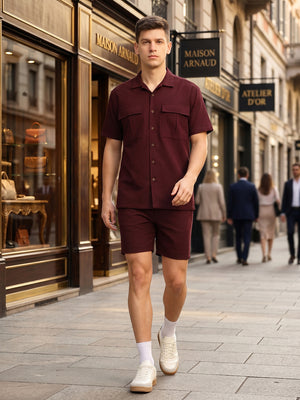 Thomas Scott Men Wine Cricket Club Collection Regular Fit Short Sleeves Self Design 100% Cotton Co-Ord Set with Shirt Collar