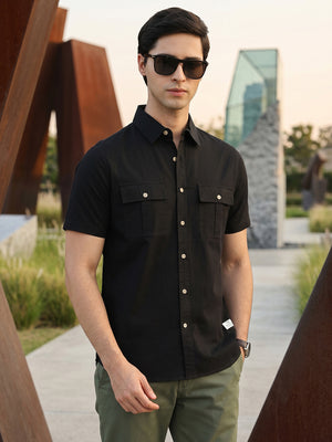Black Cricket Club Collection Slim Fit Short Sleeve Spread Collar 2 Flap Pockets Solid Design Cotton Twill Casual Shirt For Men