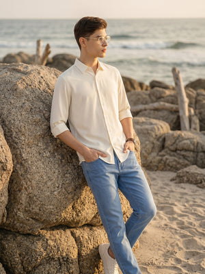 White Regular Fit Full Sleeves Spread Collar Solid Polyester Casual Shirt For Men