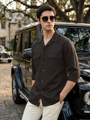 Black Cricket Club Collection Oversized Fit Long Sleeves Camp Collar Cotton Linen Twill Shacket with 2 Flap Pockets