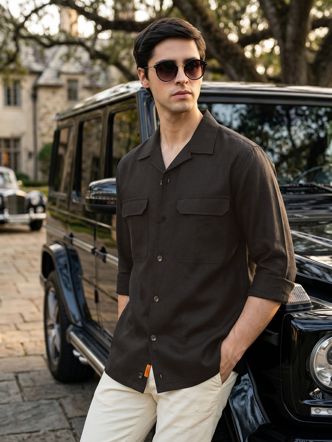 Black Cricket Club Collection Oversized Fit Long Sleeves Camp Collar Cotton Linen Twill Shacket with 2 Flap Pockets