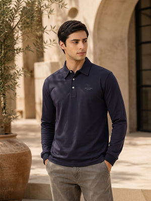 Thomas Scott Men Navy Regular Fit Long Sleeves Solid Viscose Rayon Knitted Polo Collar Performance Tshirt