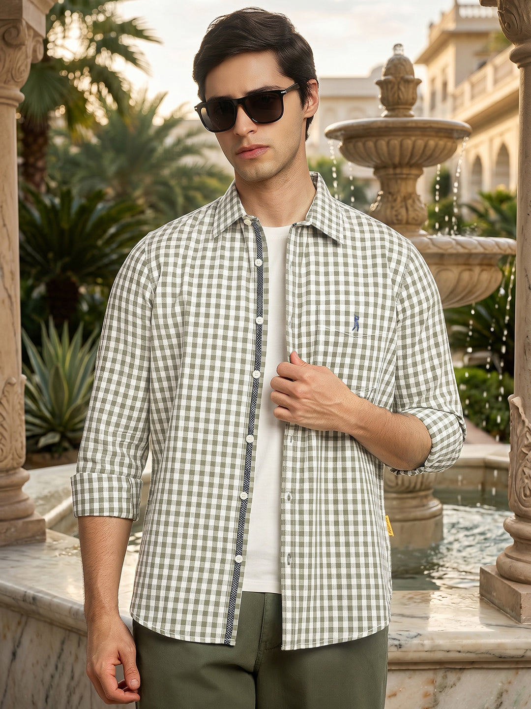 Green Cricket Club Collection Slim Fit 100% Cotton Oxford Shirt with Gingham Checks & Spread Collar