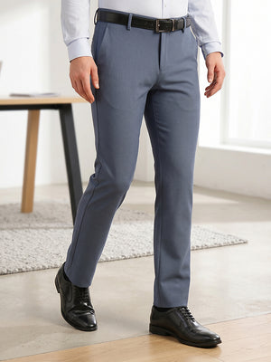 Thomas Scott Men Blue Slim Fit Mid-Rise Solid Woven Formal Trousers with Fixed Belt & 4-Way Stretch