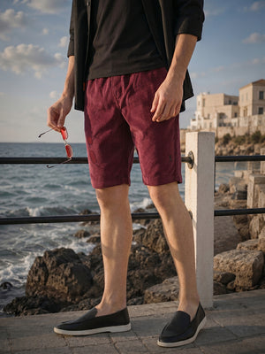 Wine Cricket Club Collection Regular Fit Mid-Rise Woven Cotrises Corduroy Shorts For Men