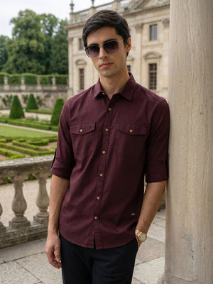 Wine Slim Fit Long Sleeves Spread Collar Solid 100% Cotton Twill Casual Shirt For Men