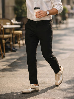 Black Straight Fit Mid-Rise Solid 4 Pockets Woven Chinos Trouser For Men