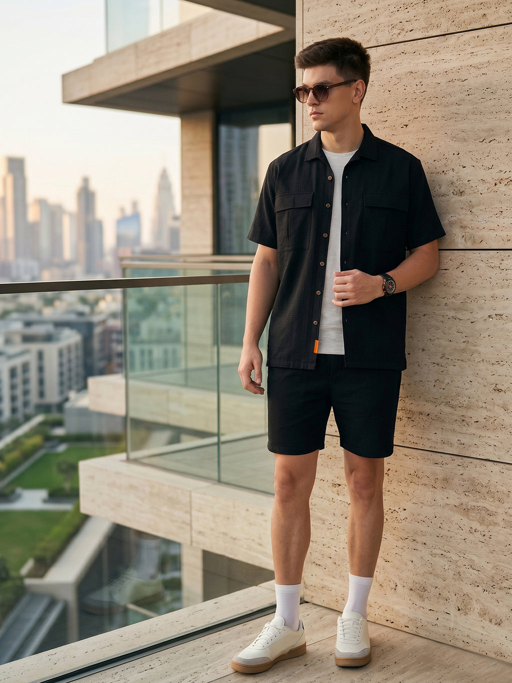 Thomas Scott Men Black Cricket Club Collection Regular Fit Short Sleeves Self Design 100% Cotton Co-Ord Set with Shirt Collar