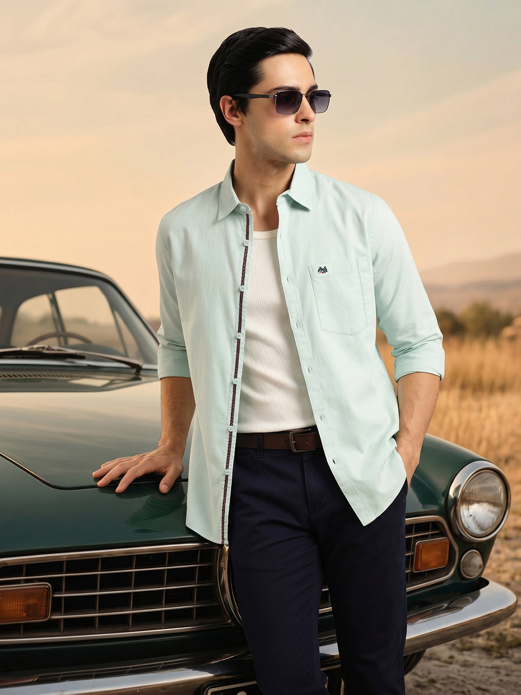 Green Slim Fit Long Sleeves Solid Spread Collar 100% Cotton Twill Casual Shirt For Men