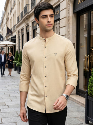 Khaki Slim Fit Long Sleeves Solid Mandarin Collar Cotton Linen Casual Shirt For Men