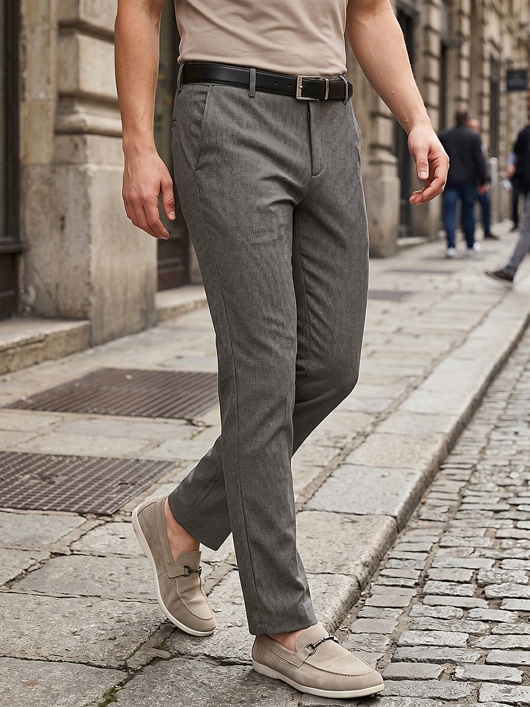 Thomas Scott Men Grey Slim Fit Mid-Rise Flexi-Waist 4-Way Stretch Solid Formal Performance Trouser