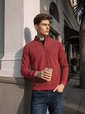 Thomas Scott Men Maroon Regular Fit Long Sleeves Mock Neck Half-Zip Solid Polyester Knitted Sweatshirt