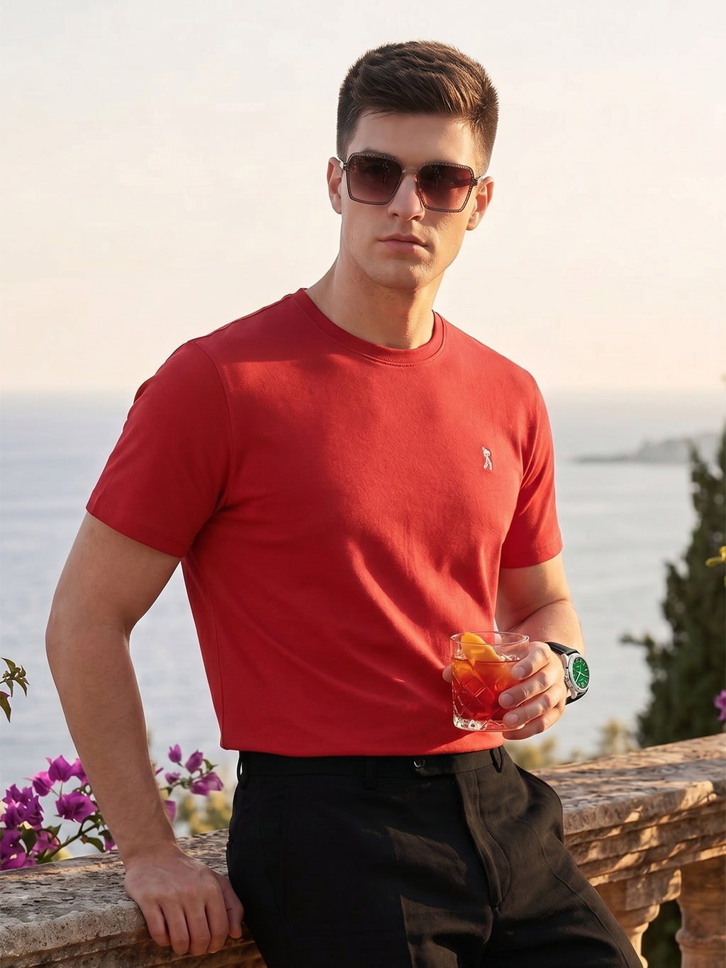 Red Cricket Club Collection Regular Fit Short Sleeves Round Neck Solid 100% Cotton Knitted Tshirt For Men