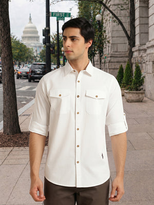 White1 Regular Fit Long Roll-Up Sleeves Spread Collar Solid 100% Cotton Casual Shirt For Men