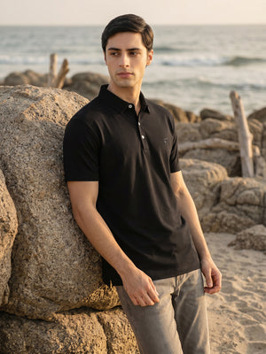 Black Regular Fit Short Sleeves Solid Viscose Rayon Knitted Polo Collar Performance Tshirt For Men