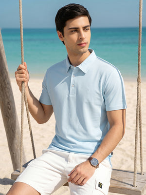 Thomas Scott Men Sky Blue Regular Fit Short Sleeves Viscose Rayon Solid Knitted Polo Collar Performance Tshirt