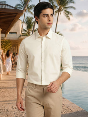 Cream Premium Slim Fit Long Sleeves Spread Collar Solid Casual Shirt For Men