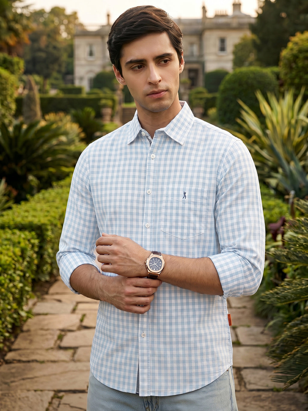 Blue Cricket Club Collection Slim Fit 100% Cotton Oxford Shirt with Gingham Checks & Spread Collar