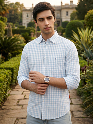 Blue Cricket Club Collection Slim Fit 100% Cotton Oxford Shirt with Gingham Checks & Spread Collar
