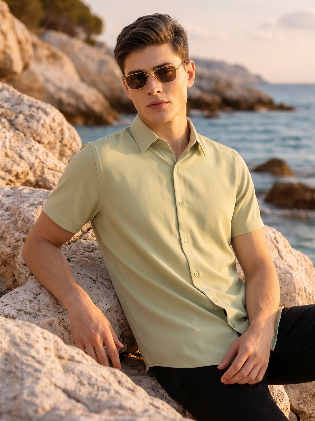 Green Regular Fit Short Sleeves Spread Collar Solid Polyester Casual Shirt For Men