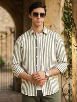 Thomas Scott Men Green Cricket Club Collection Slim Fit 100% Cotton Oxford Shirt with Vertical Stripes & Spread Collar