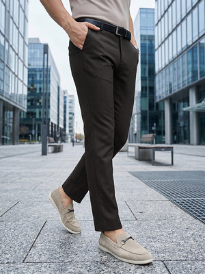 Thomas Scott Men Black Slim Fit Mid-Rise Solid Woven Formal Trousers with Fixed Belt & 4-Way Stretch