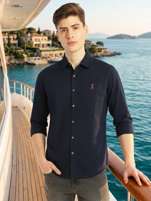 Navy Cricket Club Collection Long Sleeves Slim Fit Spread Collar 100% Cotton Twill Casual Shirt For Men