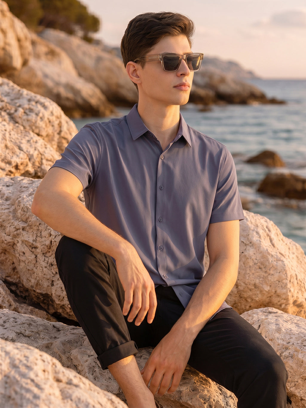 Grey Regular Fit Short Sleeves Spread Collar Solid Polyester Casual Shirt For Men