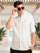 Navy Slim Fit Three-Quarter Roll-Up Sleeves Mandarin Collar Vertical Stripes Cotton Linen Casual Shirt For Men