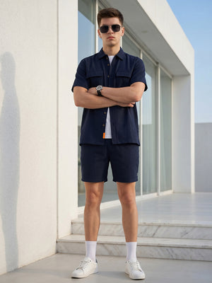 Thomas Scott Men Navy Cricket Club Collection Regular Fit Short Sleeves Self Design 100% Cotton Co-Ord Set with Shirt Collar