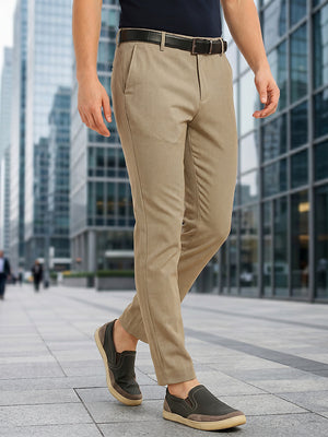 Thomas Scott Men Dark Khaki Slim Fit Mid-Rise Flexi-Waist 4-Way Stretch Solid Formal Performance Trouser