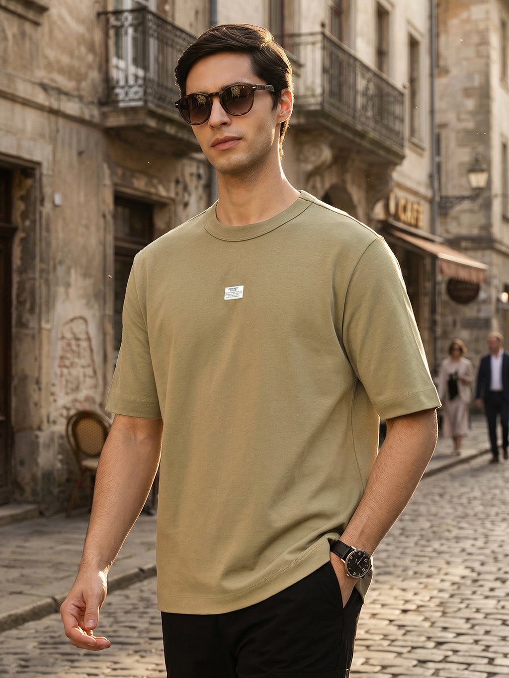 Thomas Scott Men Olive Cricket Club Collection Oversized Fit Round Neck Short Sleeves 100% Cotton Solid Knitted T-shirt